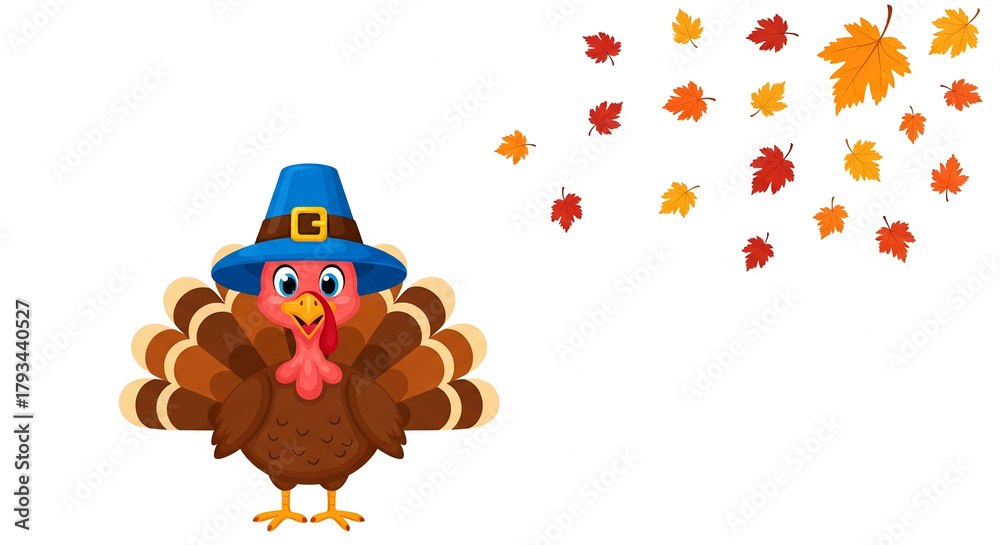 Fototapeta premium Cartoon illustration of turkey wearing pilgrim hat with fall leaves on white, representing Thanksgiving celebration and holiday season themes, free space