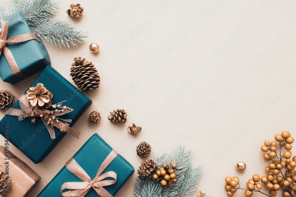 Fototapeta premium Festive teal and gold holiday gifts are arranged artistically around a light neutral background surface.