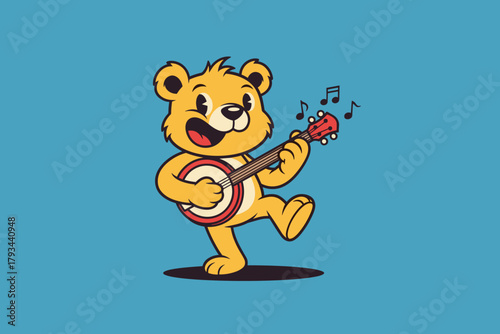 Cheerful Cartoon Bear Character Joyfully Playing a Banjo Instrum