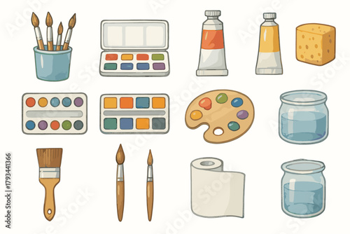 Vector glass art paint tray roll icon essentials paper jar desk watercolor