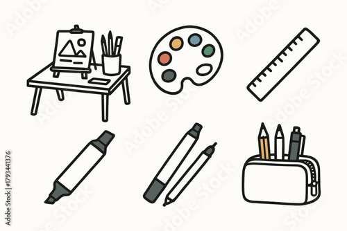 Desk essentials marker icon pen ruler vector art home artist palette case