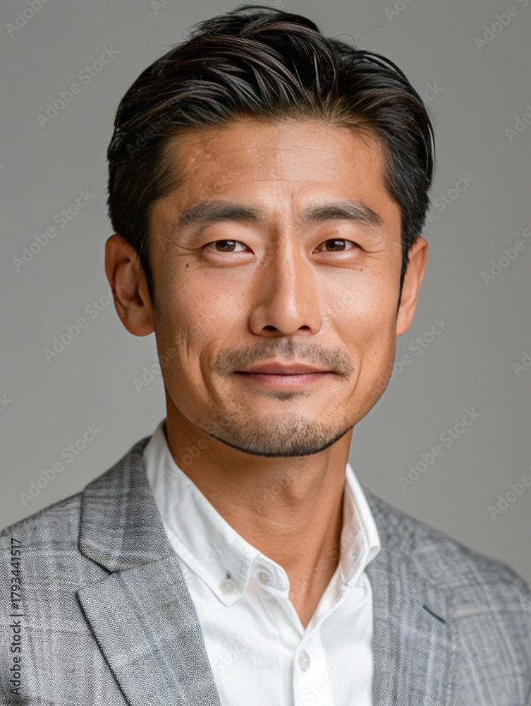 Obraz premium Corporate headshot of confident Asian man in business attire with soft studio lighting against light-gray backdrop
