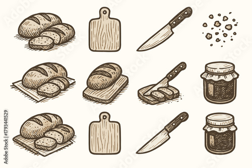 Jam cutting jar hand crumbs bakery board knife drawn vector setup icon