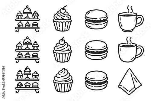 Sweet vector table treats napkin cupcake bakery macaron icon tea collection mug