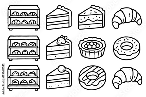 Display vector cake tart donut pastry bakery icon slice croissant set