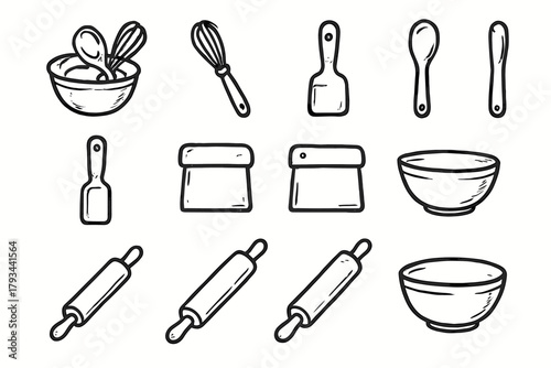 Spatula pin cutter preparation dough set bowl icon bakery vector rolling