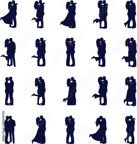 Couple Silhouettes Kissing Embracing Intimate Poses White Background vector illustration