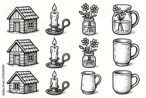 Decor wax candle cup vector icon home jar scene metal holder flower