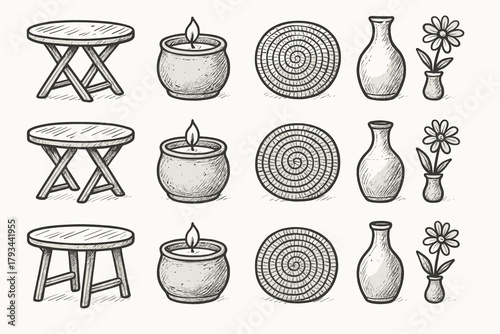 Icon pot vase boho mat table candle woven flower vector clay