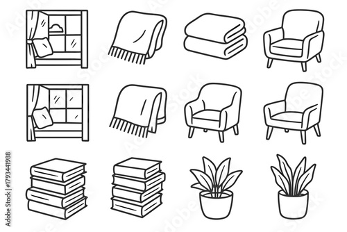 Corner reading plant vector icons icon stack blanket cozy chair book view