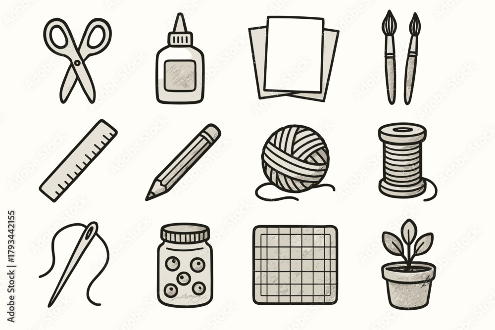 Fototapeta premium Ruler glue jar tools paintbrushes icon needle craft potted vector cutting spool