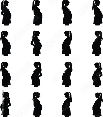 Pregnant Woman Silhouettes Collection Showing Different Poses and Hairstyles vector illustration