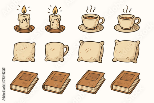 Glowing teacup vector gentle icon reading cozy novel icons evening candle pillow