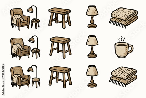 Cozy home blanket icons reading setup lamp vector icon stool mug rustic