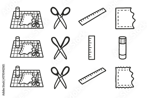 Icons ruler piece scissors vector table stick icon glue fabric workspace craft