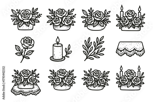 Table icon roses vector wedding lace decor icons floral cloth centerpiece candles