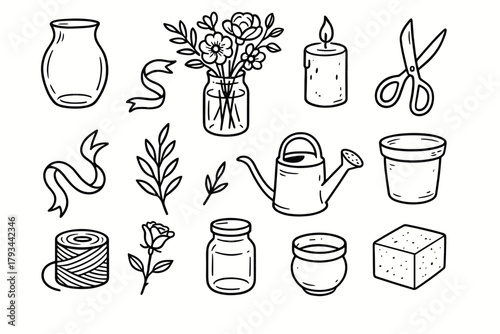 Watering ceramic icons icon small glass twine centerpiece vector floral leaf bouquet