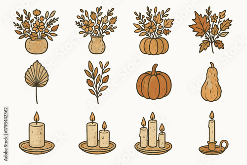 Theme icon vase dried centerpiece vector candles pumpkin table autumn icons flowers