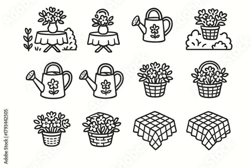 Can set garden icon basket outdoor floral flowers setup watering vector tablecloth