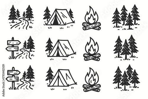 Forest sign tent path icon trees campfire camping icons route vector rough