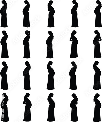 Pregnant Woman Silhouettes in Long Dresses Showing Belly vector illustration