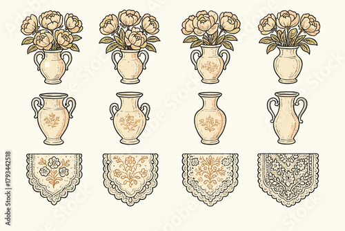Floral icon lace vector porcelain set decor vintage peonies runner setup vase