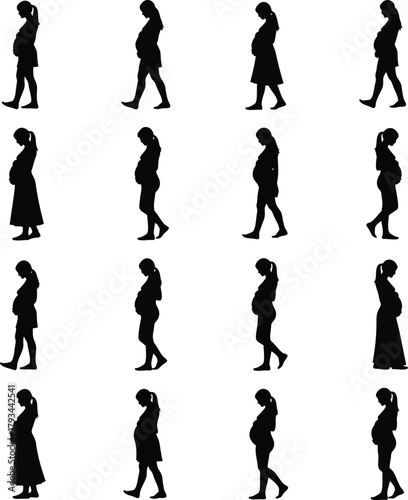 Pregnant Woman Silhouettes Walking and Holding Belly Various Poses Keywords: pregnant, woman, silhouette, pregnancy, expecting