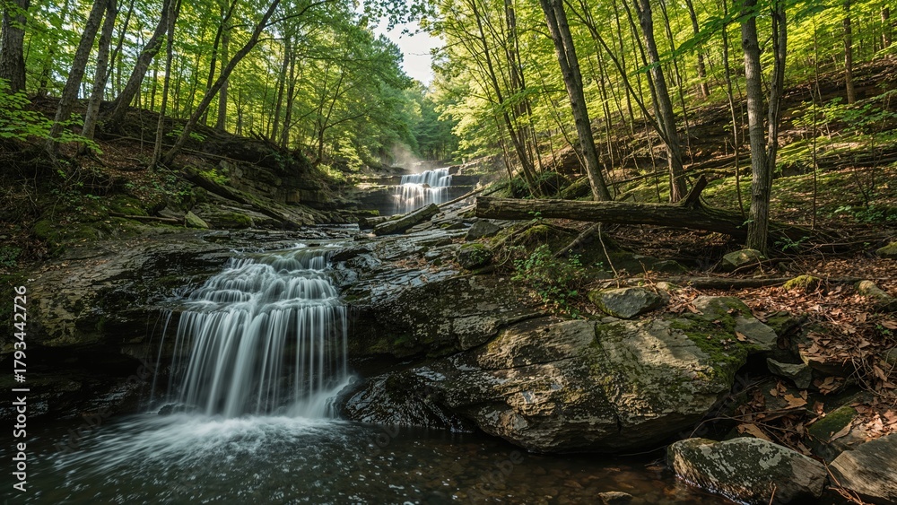 Obraz premium A forest scene with a waterfall flowing over rocks in a lush green woodland.