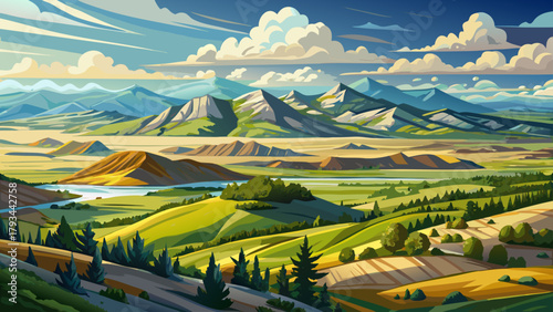 Very beautiful panoramic view of Big Sky and the valley near Glasgow, Montana, USA, featuring wide open plains, rolling hills, and expansive skies, capturing the vastness and serene natural beauty of 