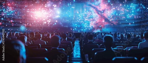 Engaging discussions and cutting-edge technology at an international business conference in a futuristic space with holographic displays