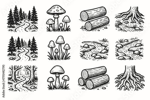 Logs vector forest icons peaceful small path trail stream roots icon mushrooms