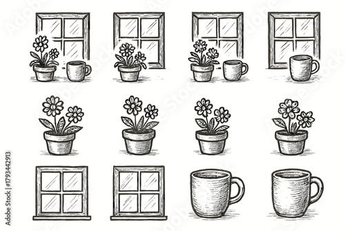 Icon area icons flowers mug window vector garden potted sill sunlit cozy
