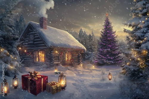 Illuminated log cabin nestles deep within a snowy forest during a nighttime snowfall