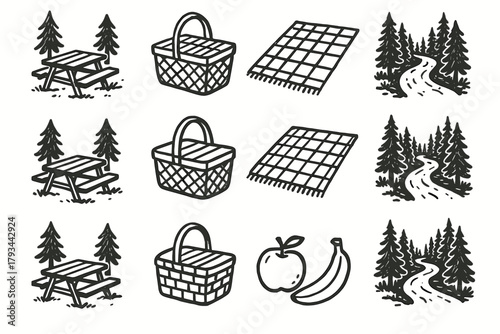 Stop road forest vector blanket picnic fruit ink basket view path icon