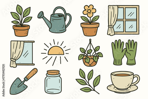 Window garden plant icons gardening gloves teacup pot vector trowel icon ray