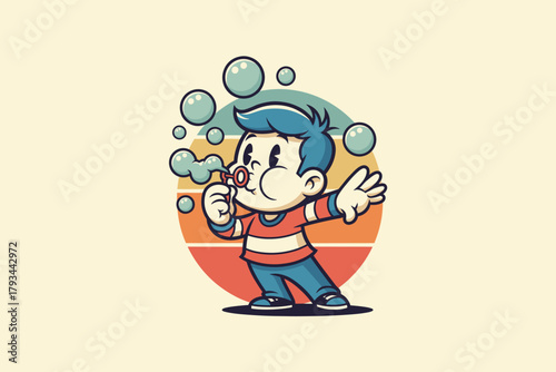 Retro Cartoon Boy Blowing Bubbles with Joyful Expression.