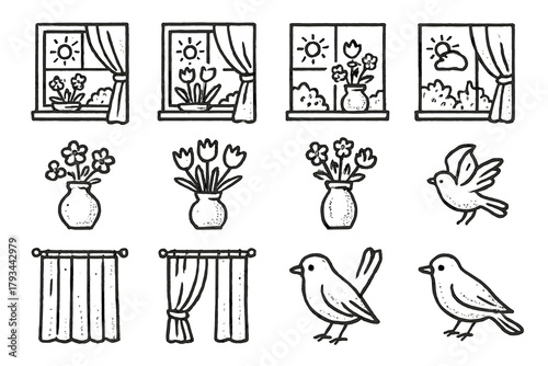 Curtain garden window scene vector collection spring morning icons vase bird icon