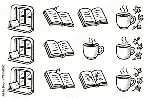 Garden ivy cup peaceful light vine window vector icon nook book icons