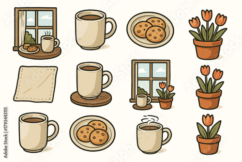 Garden icons scene napkin tulip plate mug icon window afternoon cookie vector