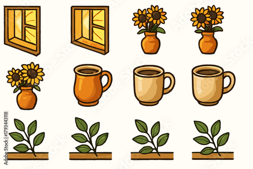 Garden leaves window vector cup light vase hour sill icon icons golden