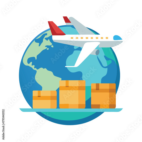Delivery airplane carrying cargo boxes flat vector icon on white background