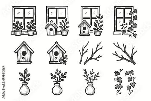 Ink garden icons ivy vector vase window twig icon minimal birdhouse decor