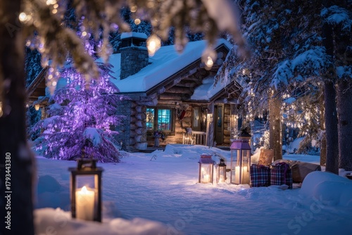 Cozy wooden cabin nestled in a snowy forest illuminated by festive lights at twilight