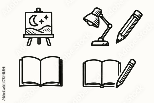 Icon session night sketchbook lamp desk painting home pencil art open space