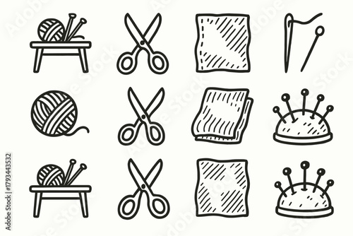 Pincushion table scissors knitting set sketch vector icon handcraft outline needle icons