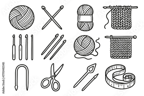 Icons icon yarn knitting skein tools wool craft vector measuring needles tape