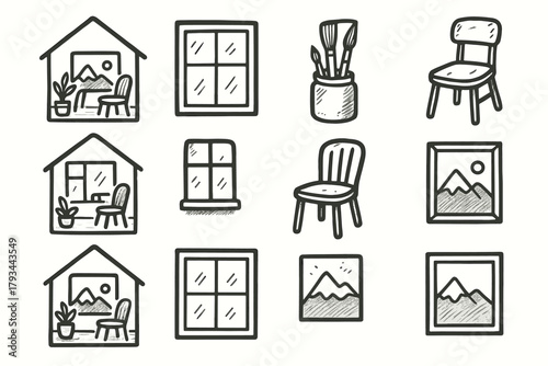 Studio art chair home brush peaceful icon frame jar vector