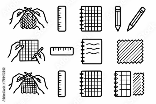 Icon swatch notebook vector ruler making fabric knitting pencil pattern set scene