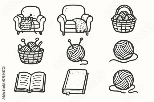Relaxing basket icon vector handdrawn book set armchair weekend setup knitting yarn