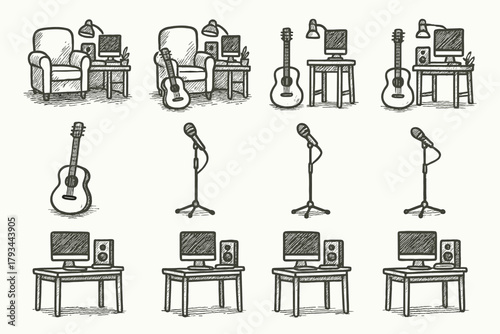 Mic vector stand icons guitar home icon music desk small cozy studio